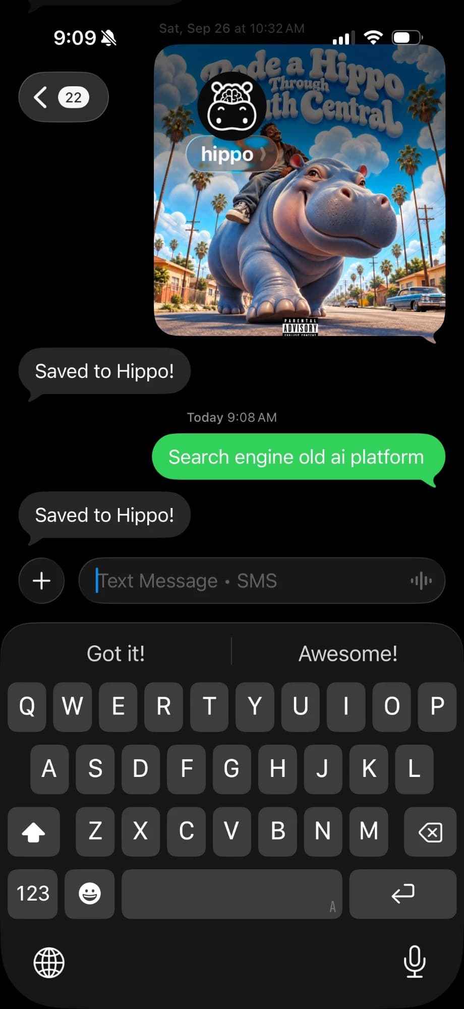 Texting a photo and a note to Hippo, which replies Saved to Hippo!