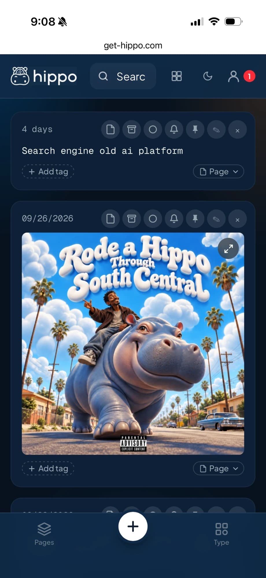 The Hippo dashboard on a phone showing the saved note and photo